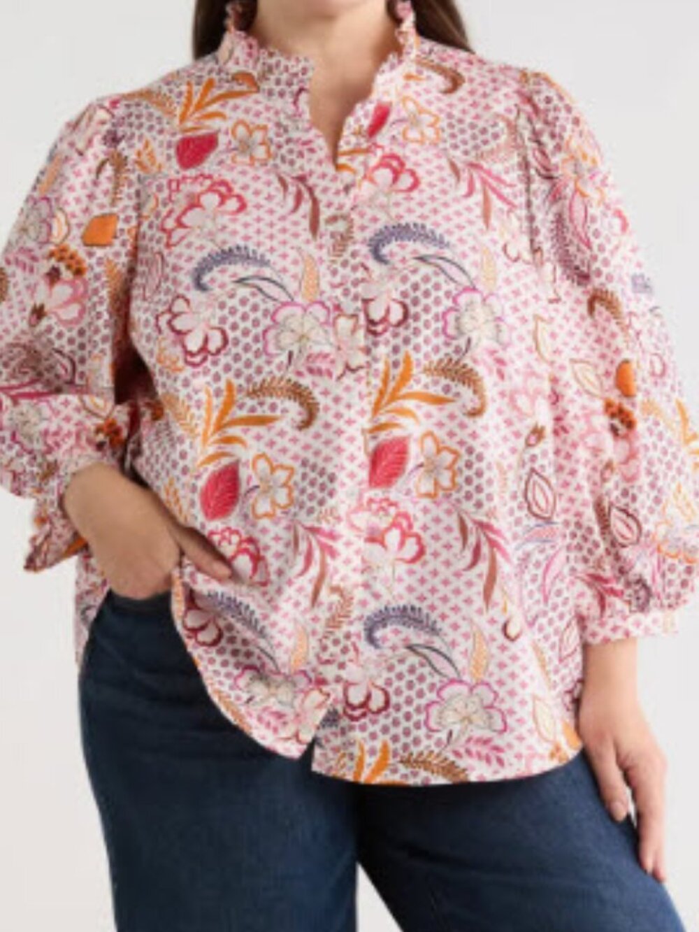 Sugarlips Hendry Floral Ima Split-Neck Blouse — Pink & Orange Print